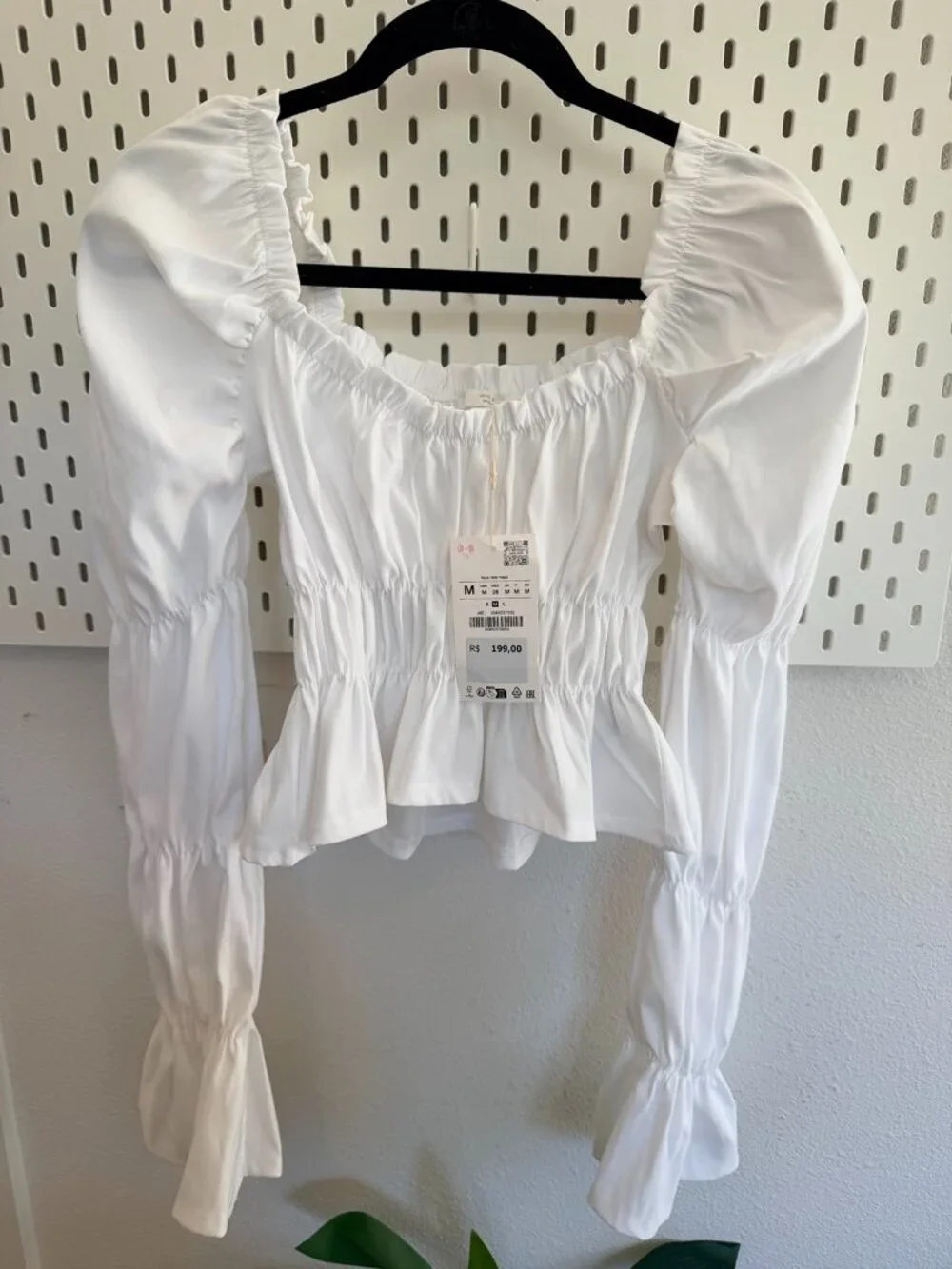 NWT Zara White Puff Sleeve Ruched Peplum Top M